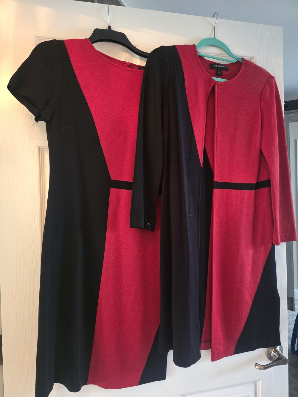 St. John Black and Red Colorblock Midi Dress with Matching Jacket